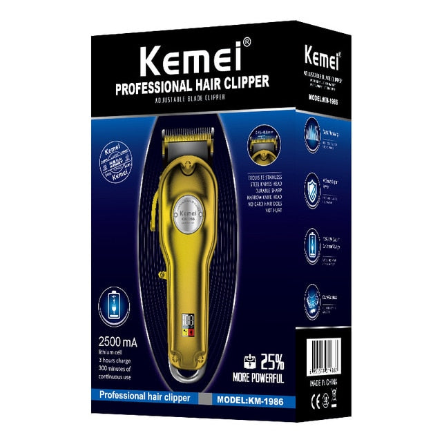 Kemei 1986 All-metal Barber Professional Hair Clipper Electric Cordless LCD Hair Trimmer Gold Silver Hair Cutting Machine Mower