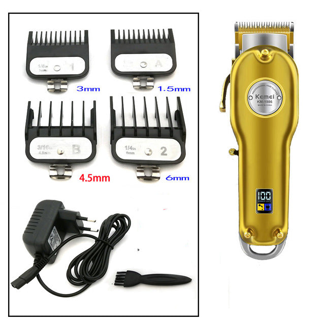 Kemei 1986 All-metal Barber Professional Hair Clipper Electric Cordless LCD Hair Trimmer Gold Silver Hair Cutting Machine Mower