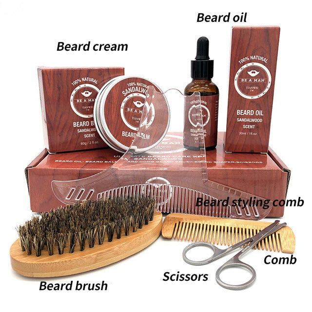 6pcs/set Men Beard Kit Styling Tool Beard Oil Comb Beard Brushes Moisturizing Wax Cream Styling Scissors Beard Care Set