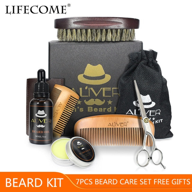 ALIVER 7 unids/set Kit de barba para hombre herramienta de estilismo peine de aceite de barba babero delantales Bálsamo hidratante cera tijeras de estilo de cuidado de la barba