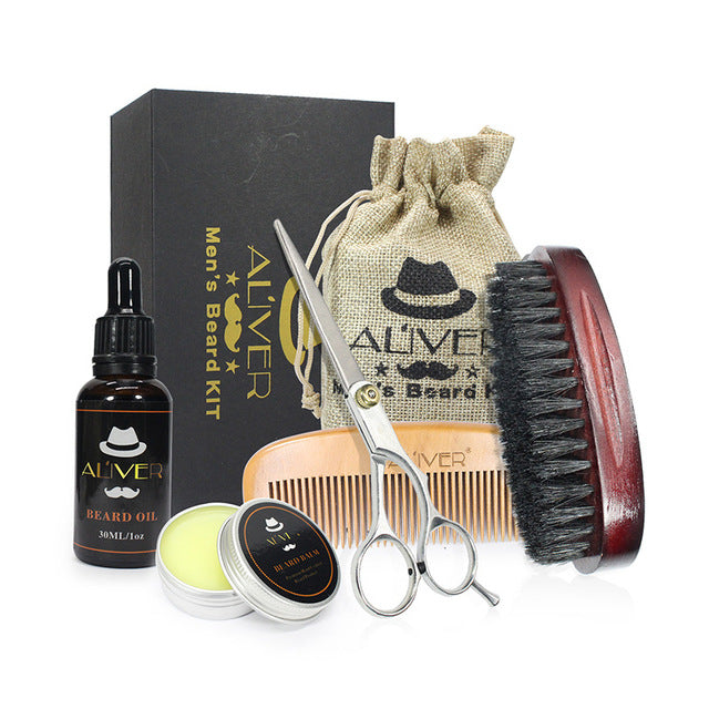 ALIVER 7 unids/set Kit de barba para hombre herramienta de estilismo peine de aceite de barba babero delantales Bálsamo hidratante cera tijeras de estilo de cuidado de la barba