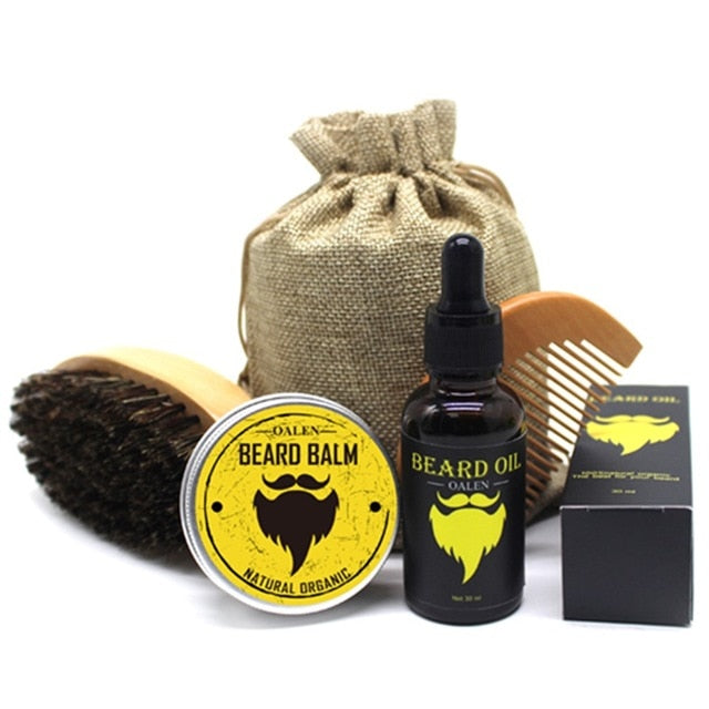 ALIVER 7 unids/set Kit de barba para hombre herramienta de estilismo peine de aceite de barba babero delantales Bálsamo hidratante cera tijeras de estilo de cuidado de la barba