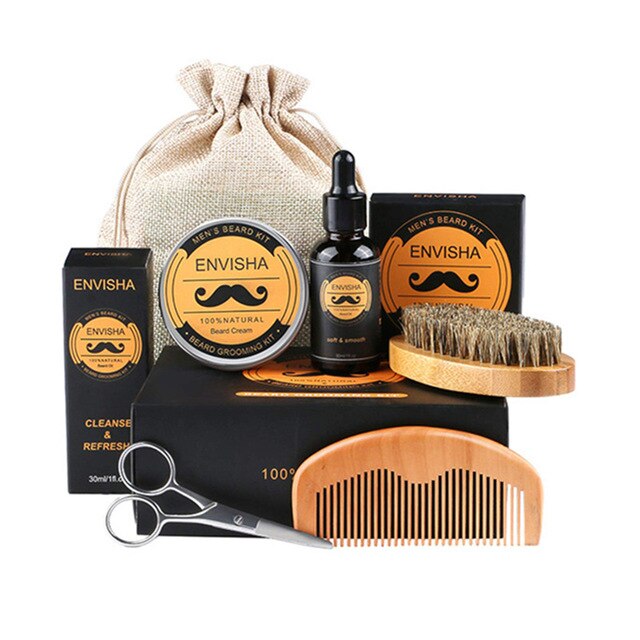 ALIVER 7 unids/set Kit de barba para hombre herramienta de estilismo peine de aceite de barba babero delantales Bálsamo hidratante cera tijeras de estilo de cuidado de la barba