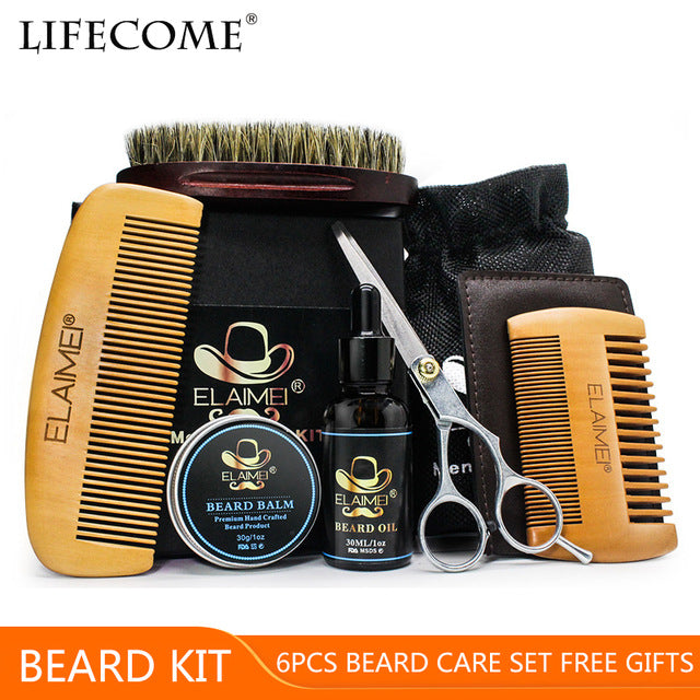 ALIVER 7 unids/set Kit de barba para hombre herramienta de estilismo peine de aceite de barba babero delantales Bálsamo hidratante cera tijeras de estilo de cuidado de la barba