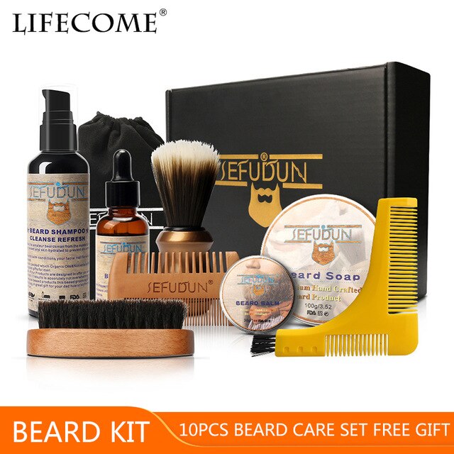 ALIVER 7 unids/set Kit de barba para hombre herramienta de estilismo peine de aceite de barba babero delantales Bálsamo hidratante cera tijeras de estilo de cuidado de la barba